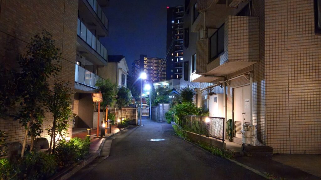 夜間の住宅街と街灯