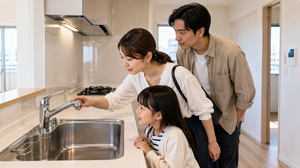 家族が水回りを内見中